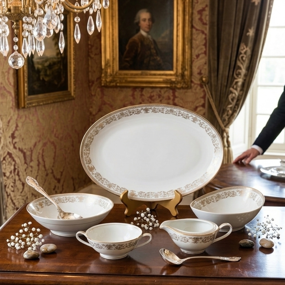 Noritake White Porcelain Serving Set with Gold Scroll Border- 5 PC Hostess.